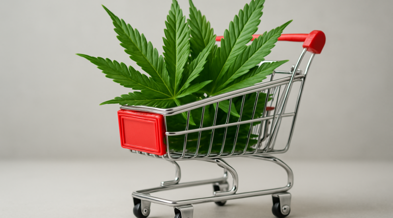 A small shopping cart filled with cannabis leaves against a neutral background.