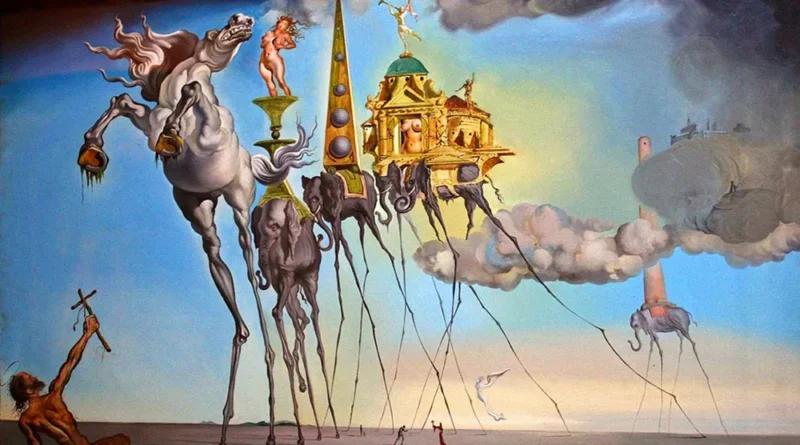 Surreal painting featuring elongated horses and whimsical structures in a dreamlike landscape